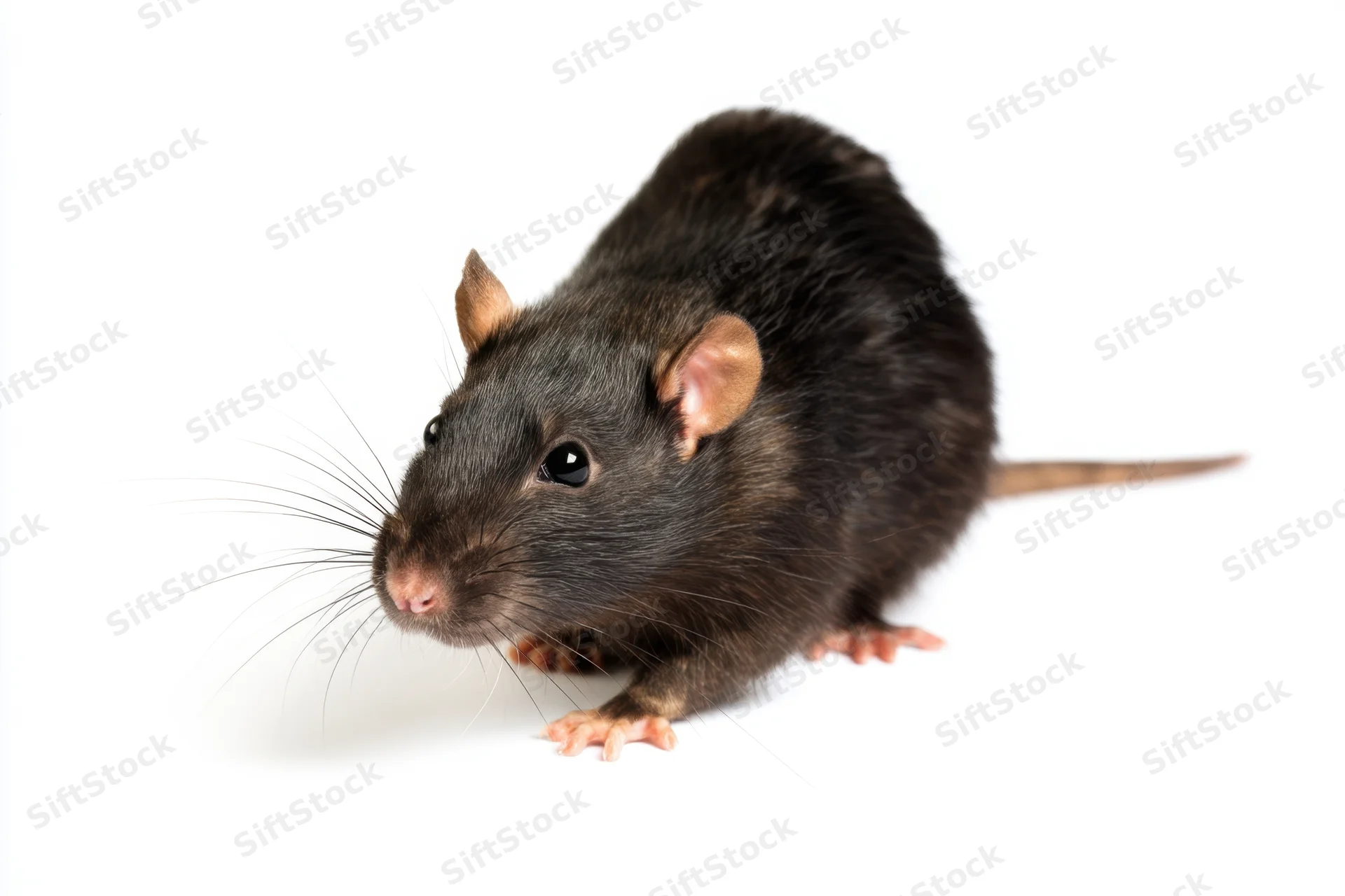 Black rat with smooth fur and delicate whiskers standing on white background