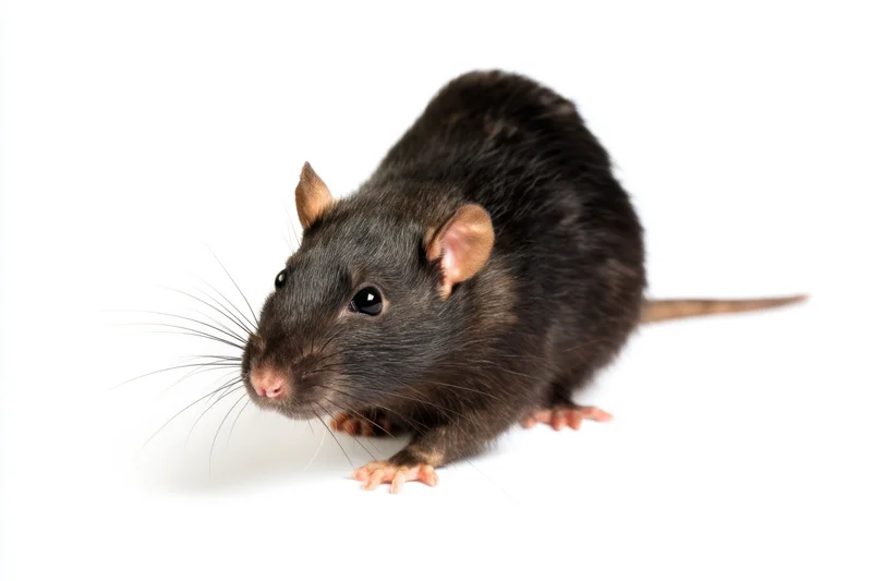 Black rat with smooth fur and delicate whiskers standing on white background