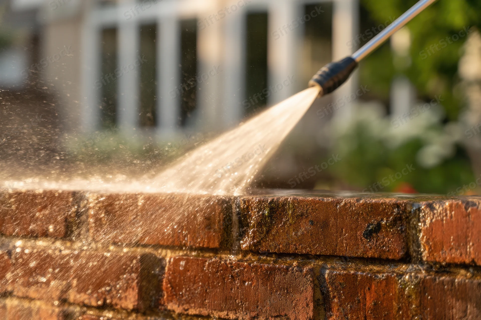 Water spraying from pressure washer nozzle onto brick wall outdoors