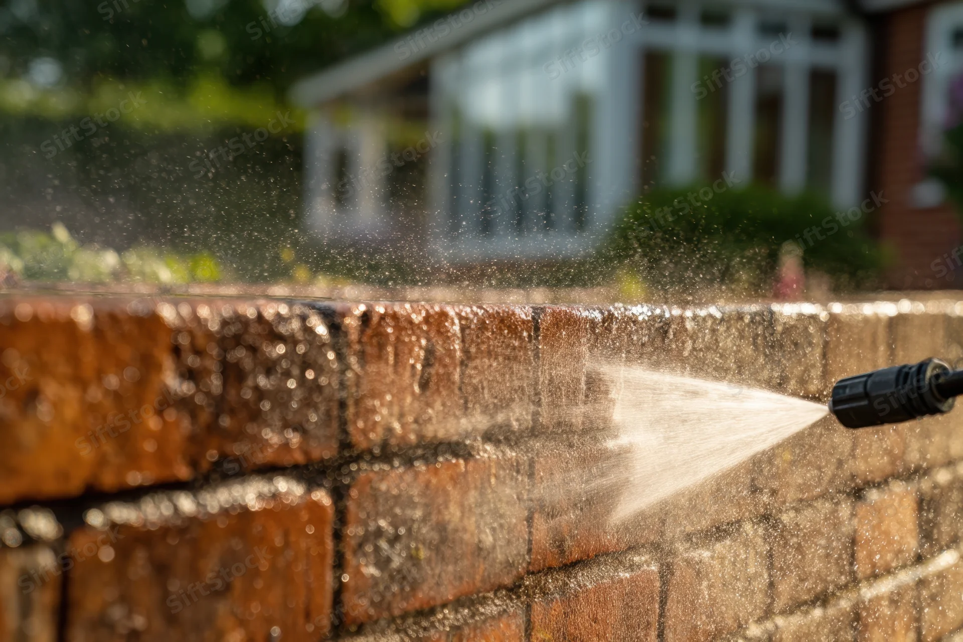 Brick wall being sprayed with water from a pressure washer nozzle outdoors