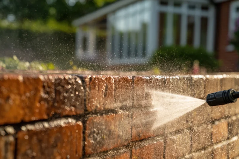 Brick wall being sprayed with water from a pressure washer nozzle outdoors