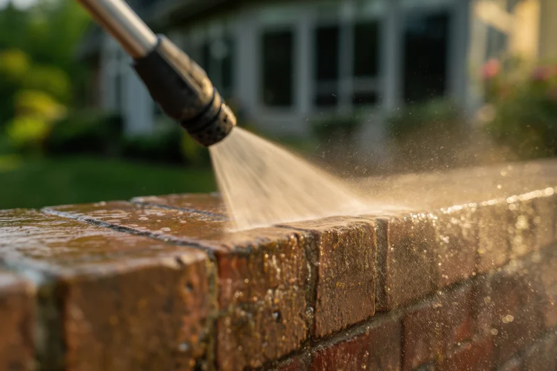 Water spraying from pressure washer nozzle onto brick wall in backyard