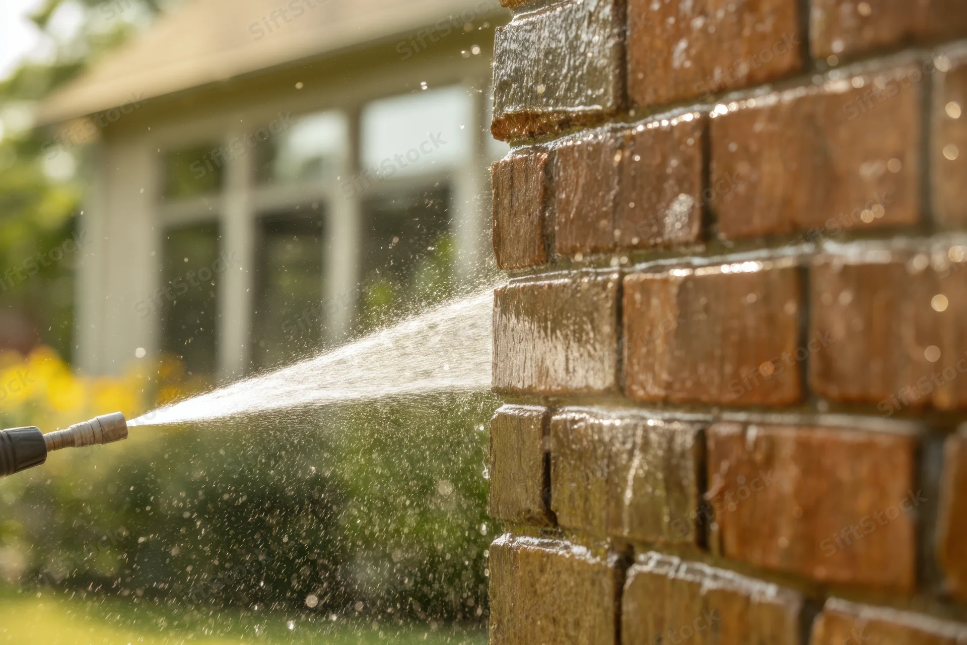 Brick wall being sprayed with water from pressure washer outdoors near house