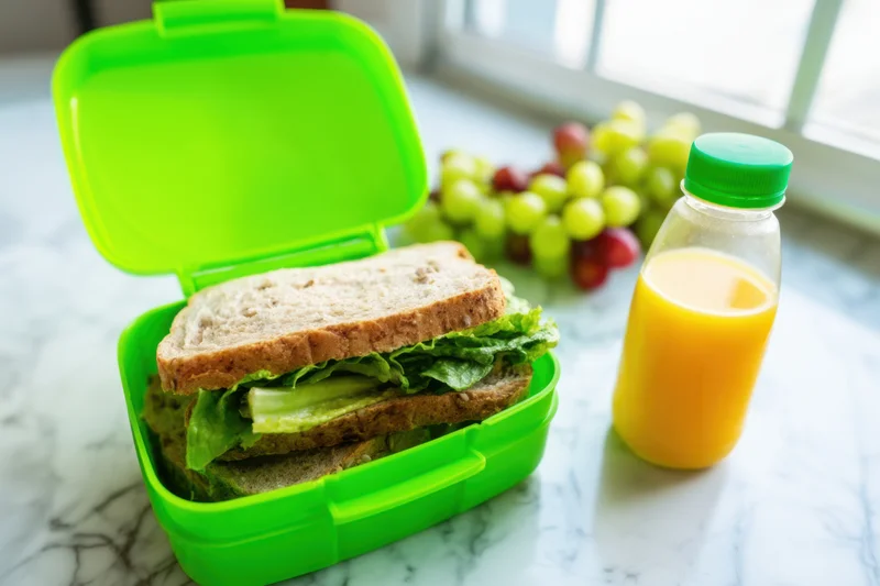 Open green lunchbox with sandwich and grapes on marble countertop near window