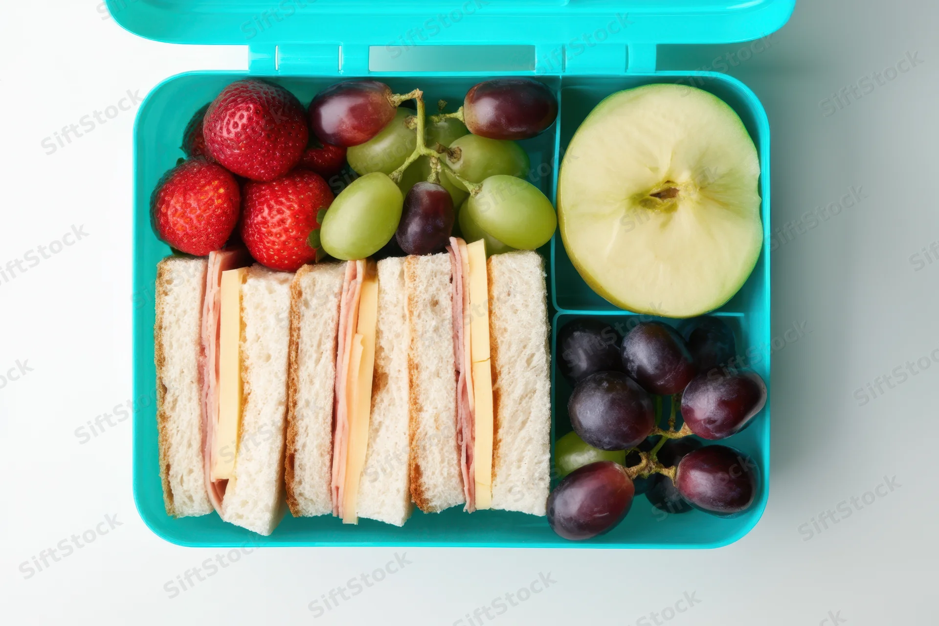 Turquoise lunchbox with sandwiches and fruit arranged in compartments on white surface