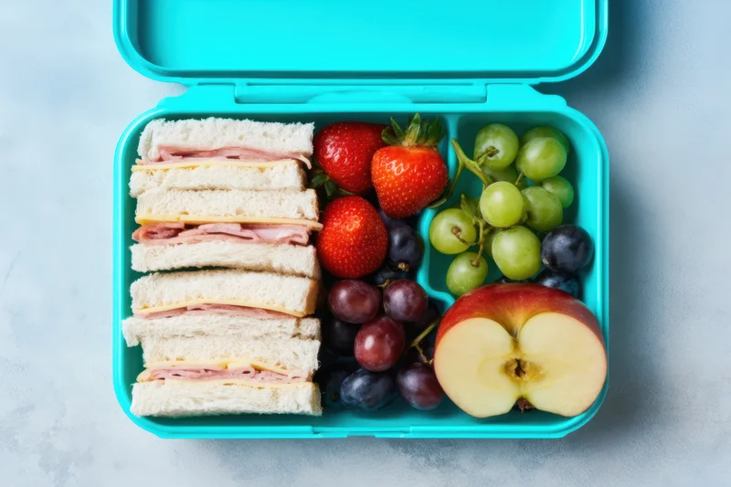 Turquoise lunchbox with sandwiches and assorted fruits arranged in compartments on a light surface