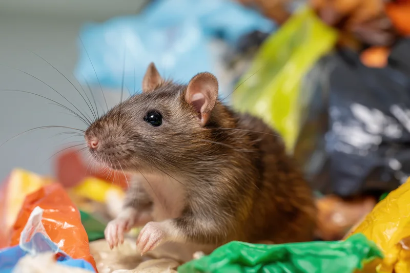 Brown rat foraging among colorful plastic trash in outdoor waste pile