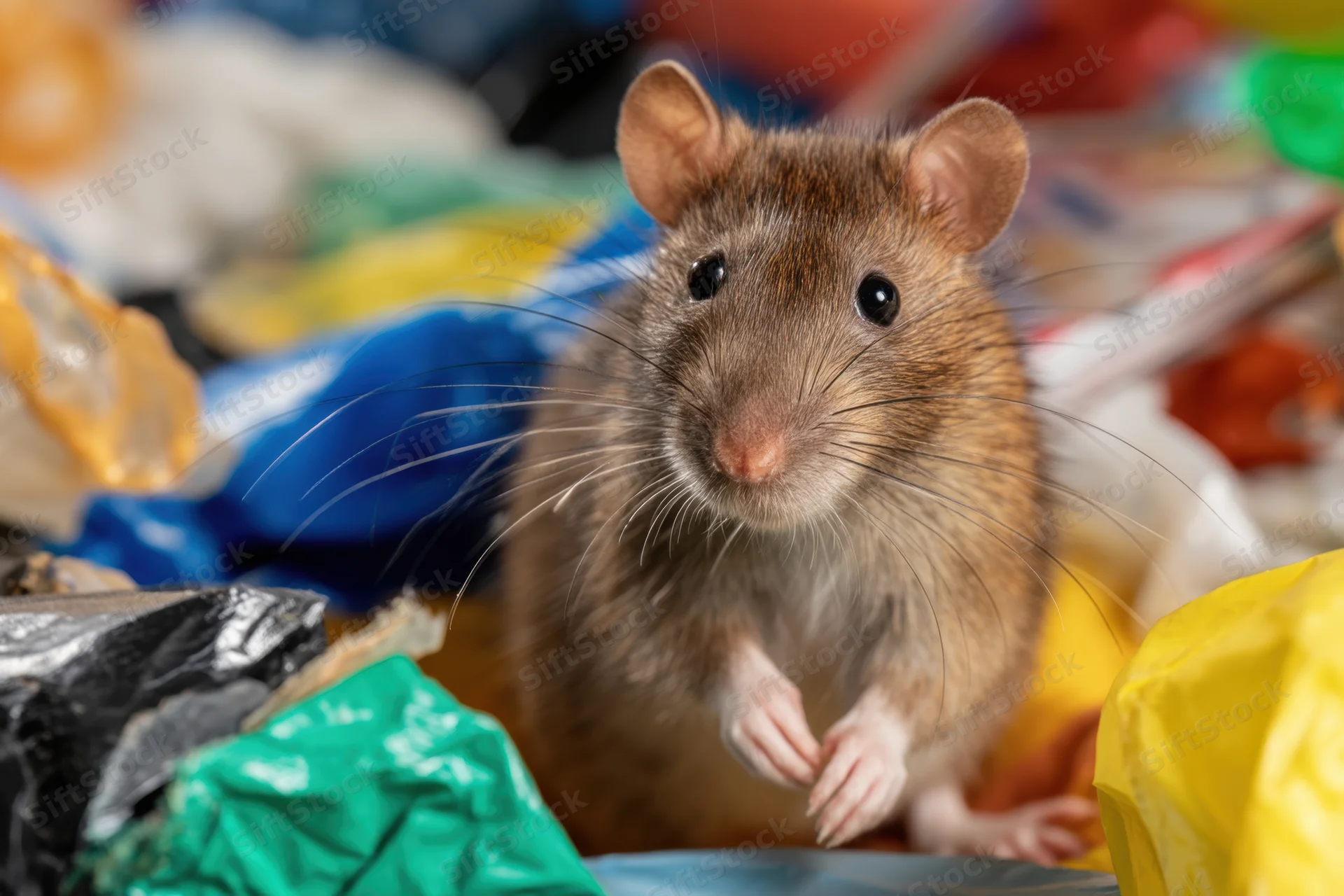 Brown rat sitting alert among colorful plastic trash in a garbage pile