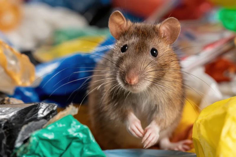 Brown rat sitting alert among colorful plastic trash in a garbage pile