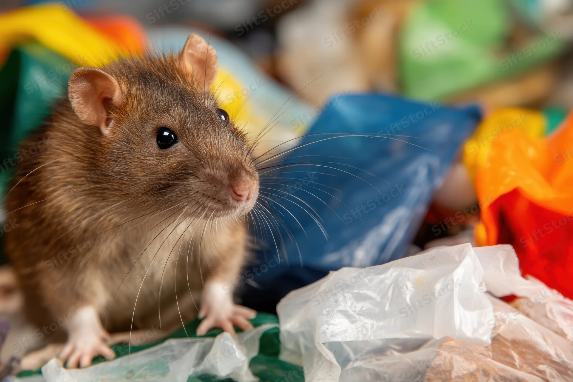 Brown rat with prominent whiskers and shiny fur sitting among colorful plastic trash bags in a garbage pile