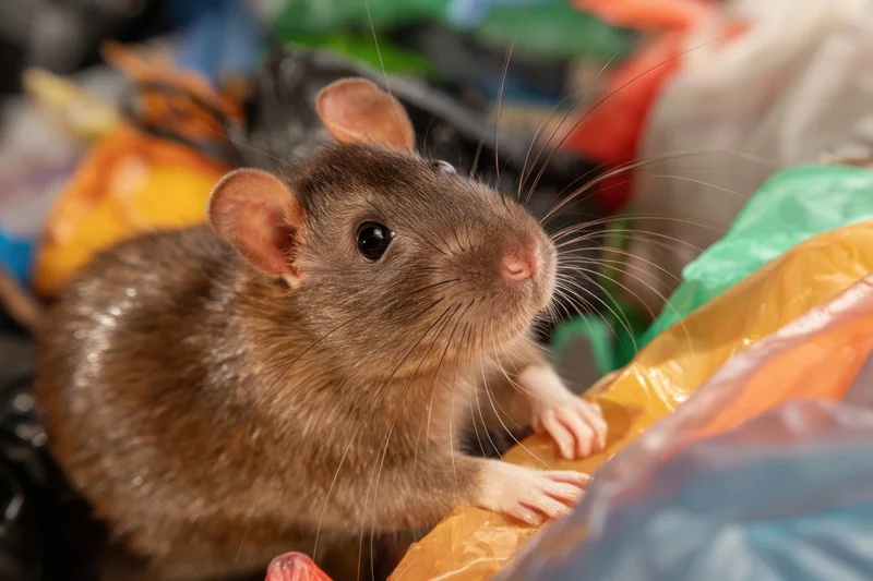 Brown rat with shiny coat and prominent whiskers sitting among colorful plastic trash bags in a garbage pile