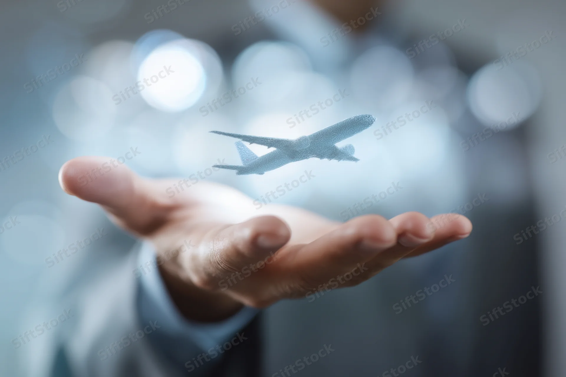 Businessman in suit extending open hand with holographic airplane floating above palm in office setting