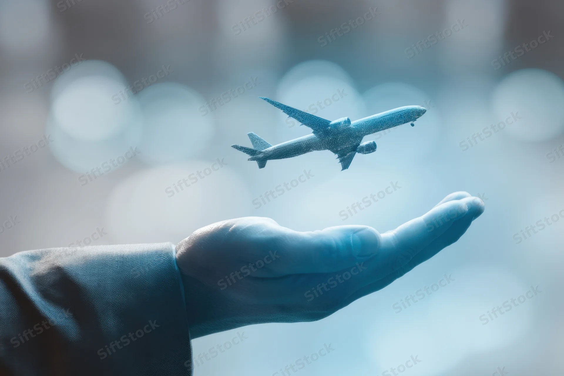 Business professional extending open hand with holographic airplane floating above palm against blurred bokeh background