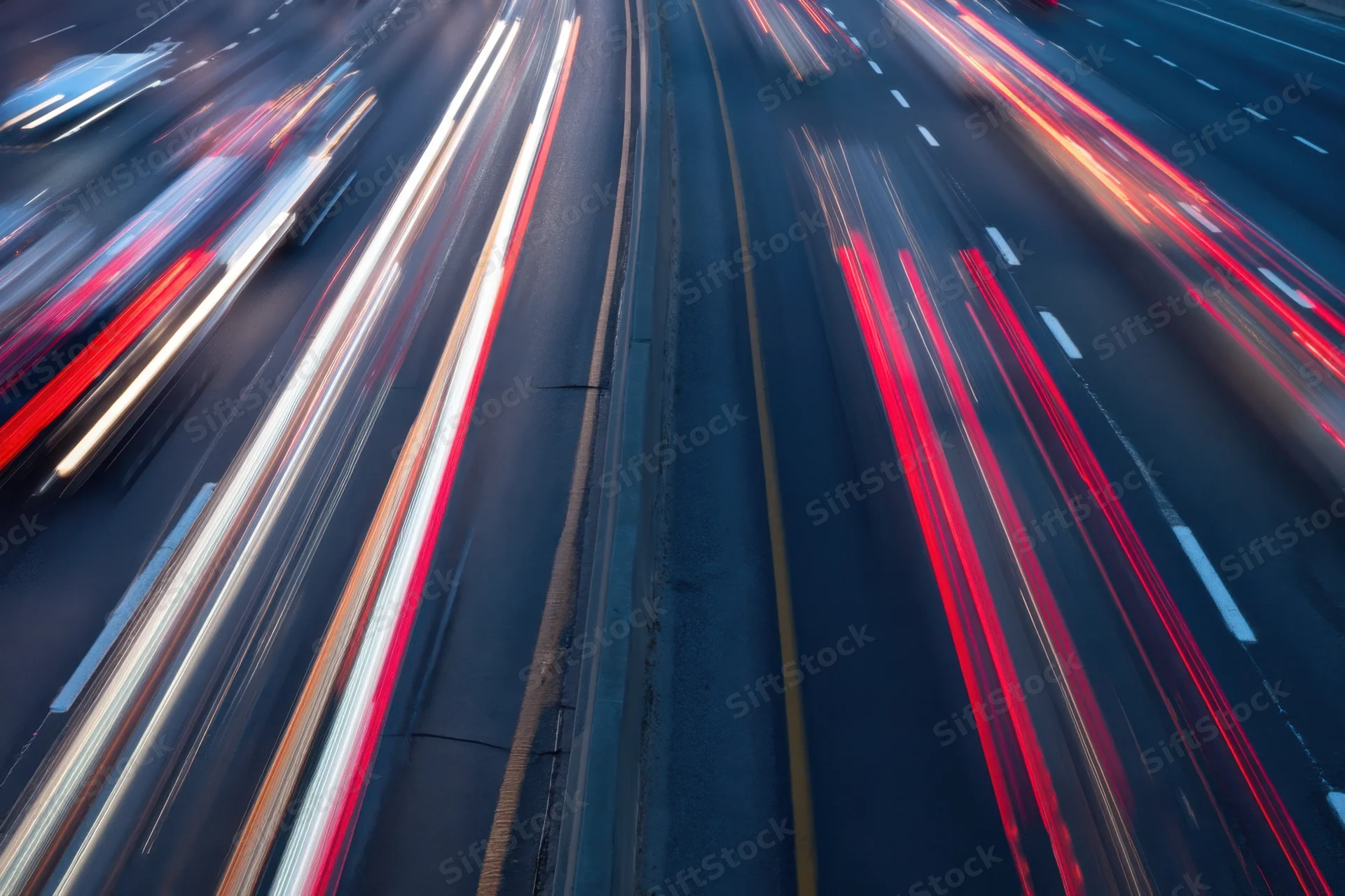 Moving vehicles creating light streaks on a highway at dusk