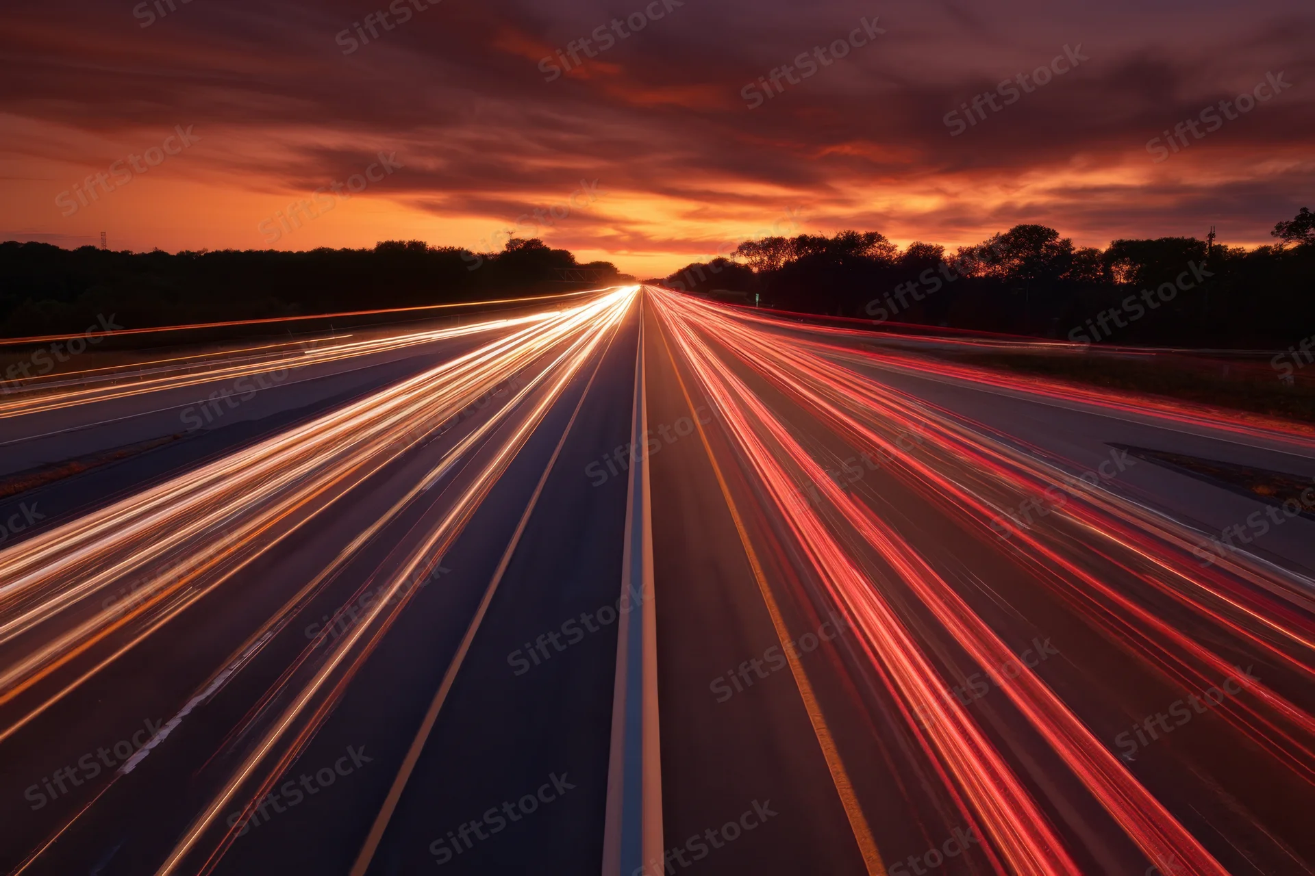 Light trails from vehicles moving on a highway at dusk