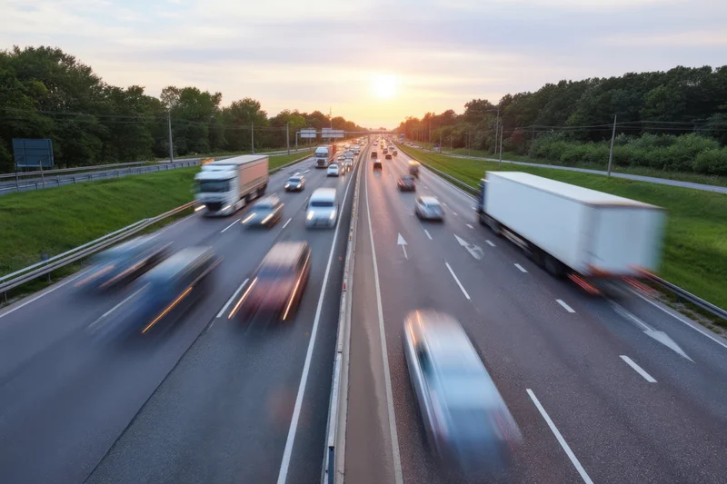 Vehicles in motion on a multi-lane highway at sunset