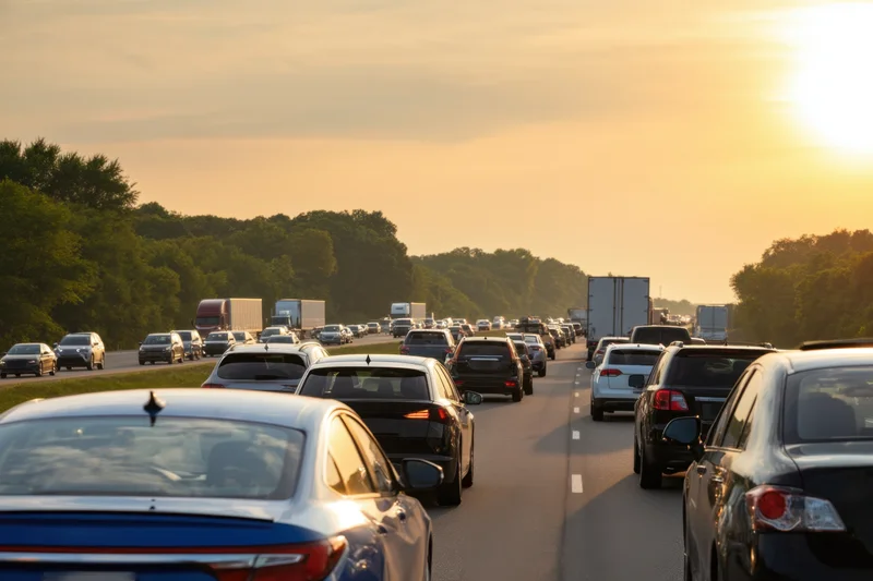 Heavy traffic on a multi-lane highway during sunset with vehicles moving slowly in both directions