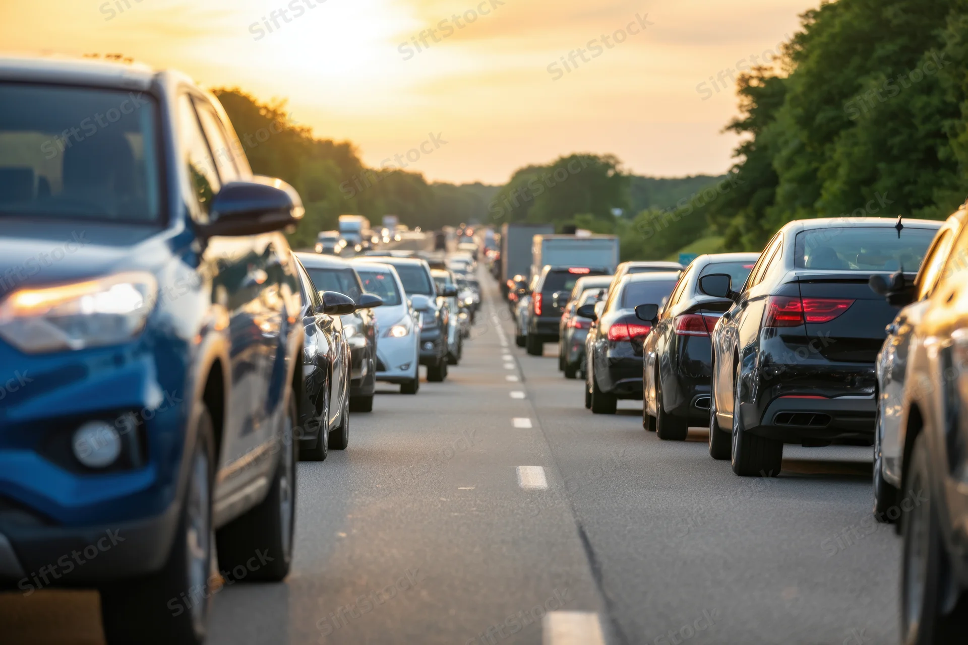 Vehicles in heavy traffic on a multi-lane highway during sunset