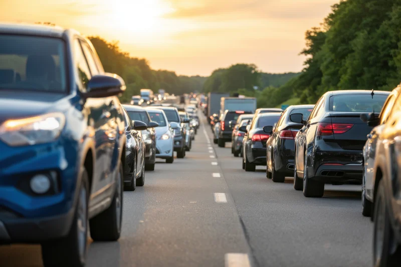 Vehicles in heavy traffic on a multi-lane highway during sunset