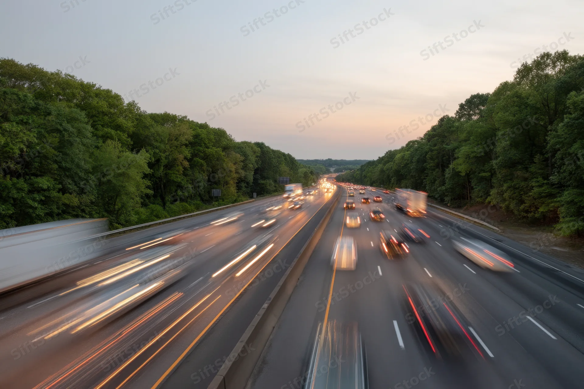 Motion-blurred vehicles moving on a multi-lane highway flanked by trees at dusk