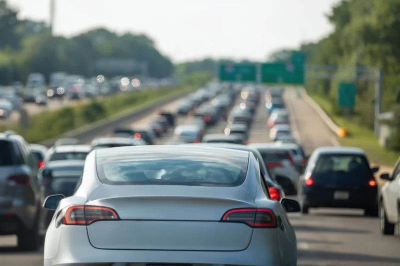 Rear view of a silver sedan in heavy traffic on a multi-lane highway during rush hour