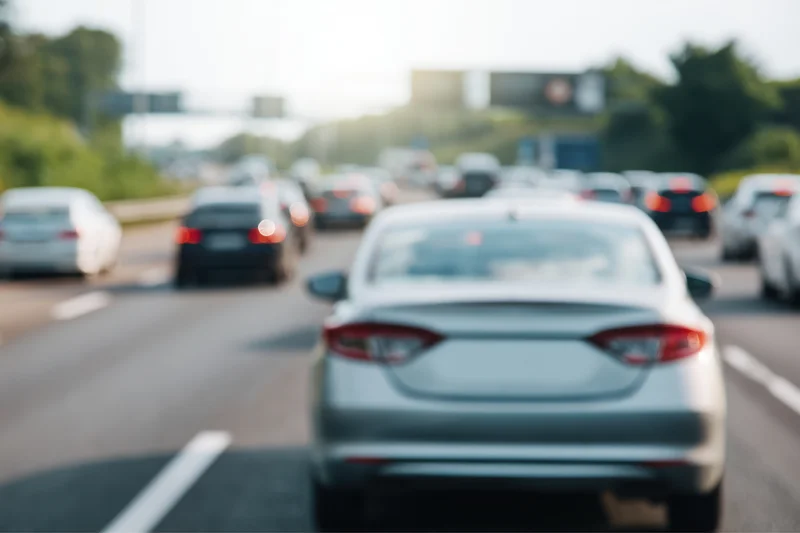 Rear view of multiple cars in heavy traffic on a multi-lane highway during rush hour