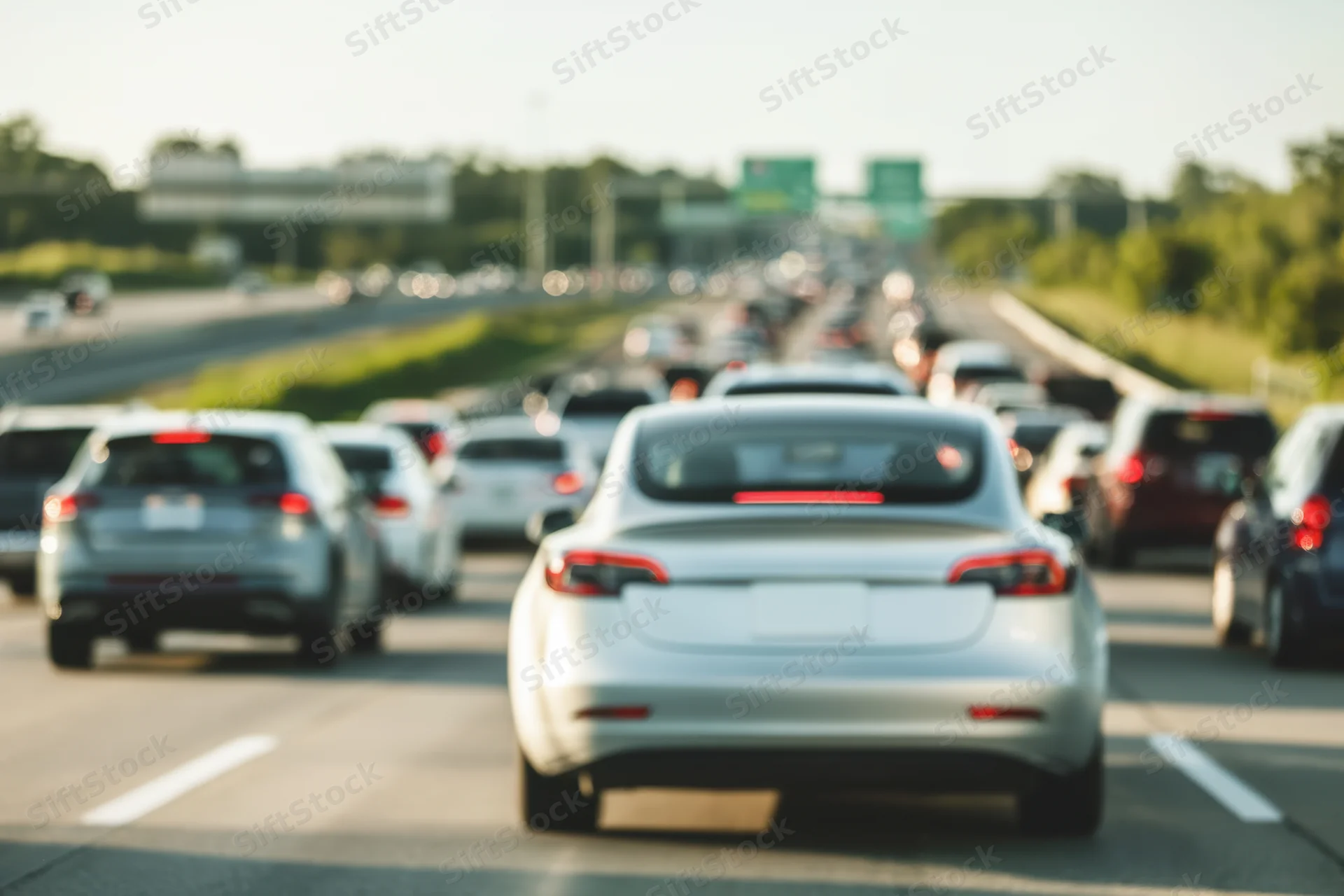 Rear view of multiple vehicles in heavy traffic on a multi-lane highway during rush hour