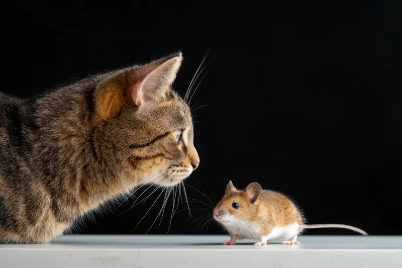 Tabby cat staring at small mouse on a table against black background