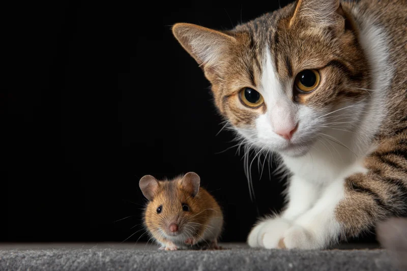 Tabby cat staring at small hamster on gray table surface