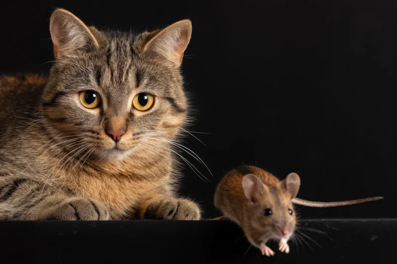 Tabby cat with alert gaze beside a small mouse on a black surface