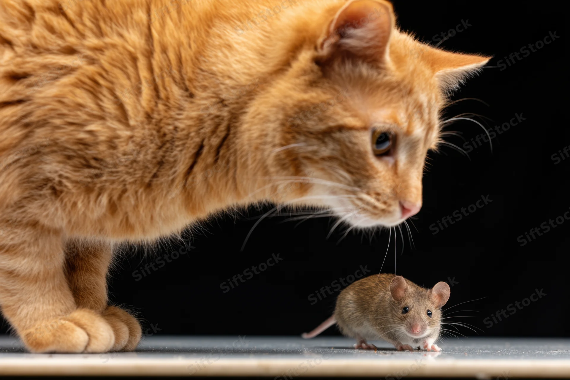 Orange cat observing small mouse on reflective table surface