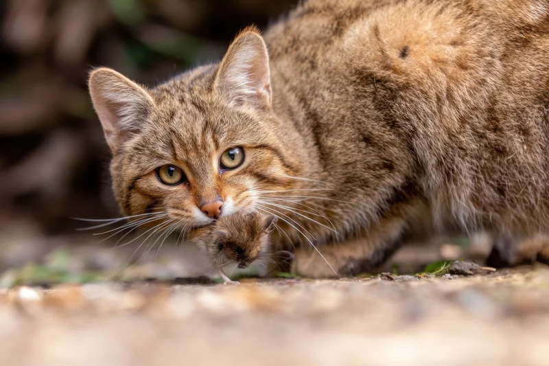 Wild cat holding a small mouse in its mouth on the ground outdoors