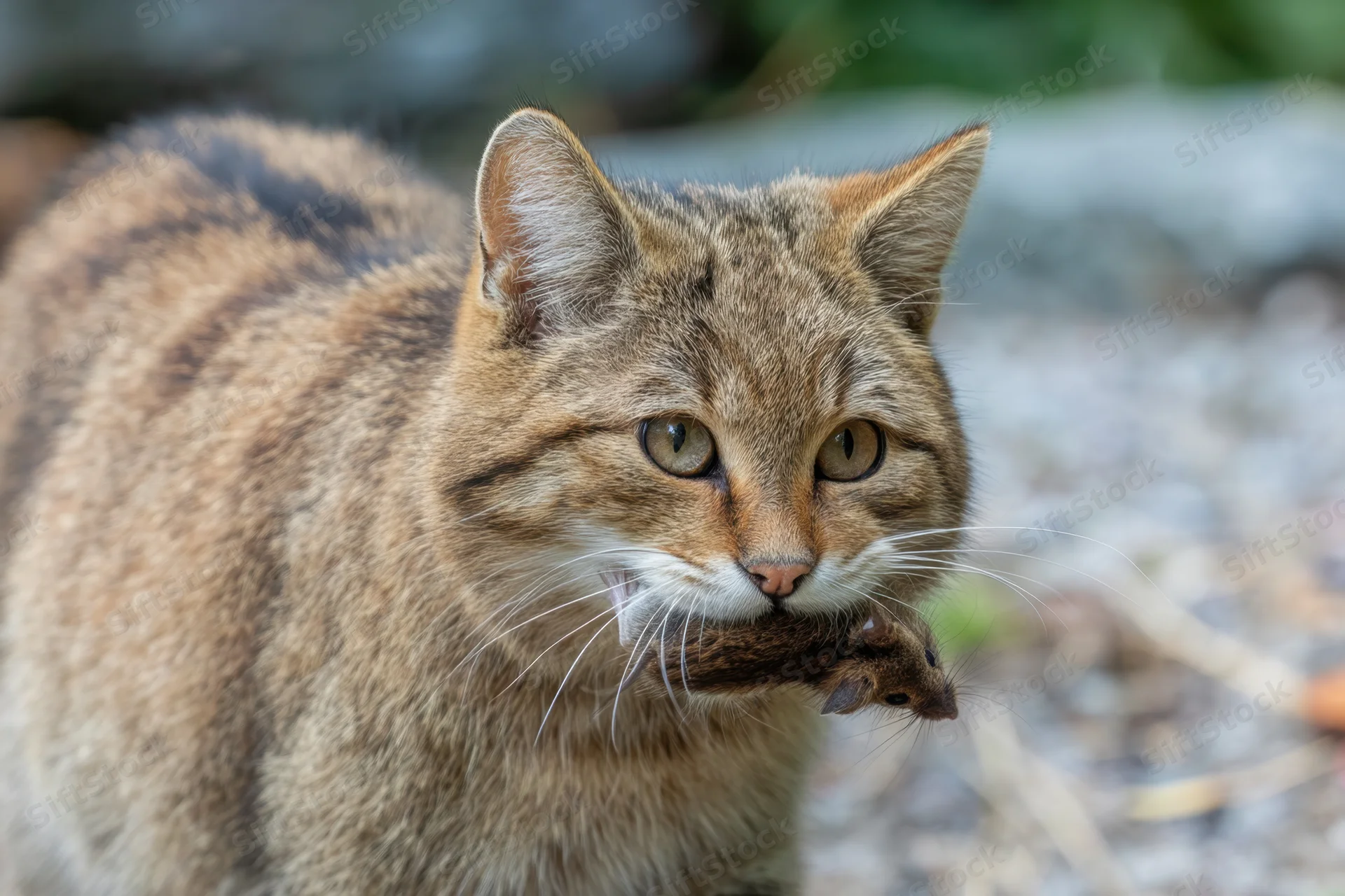 Cat holding a small mouse in its mouth outdoors on gravel ground