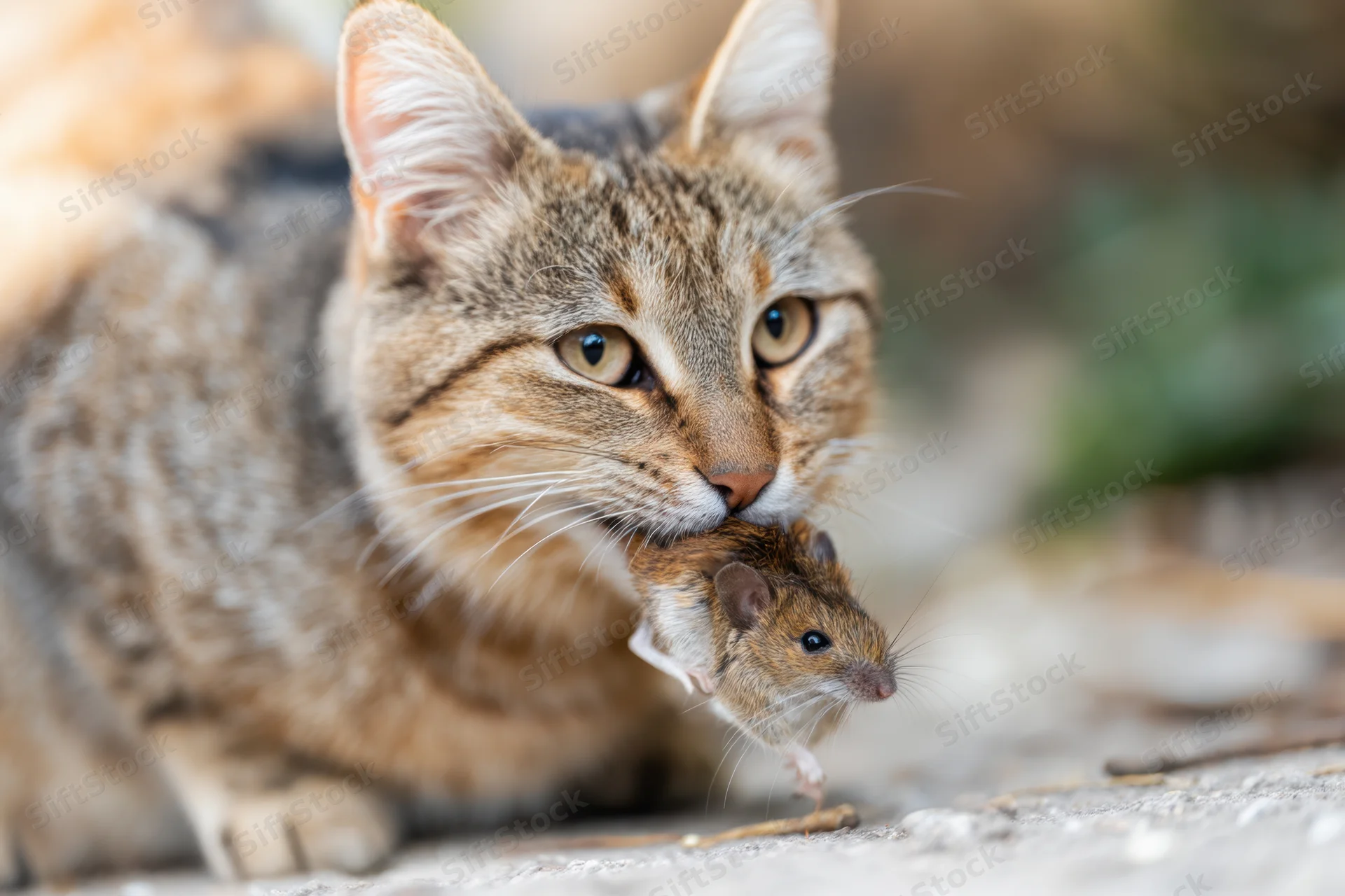 Tabby cat holding a small mouse in its mouth on stone ground outdoors