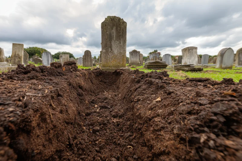 Freshly dug grave in a cemetery with weathered tombstones under cloudy sky
