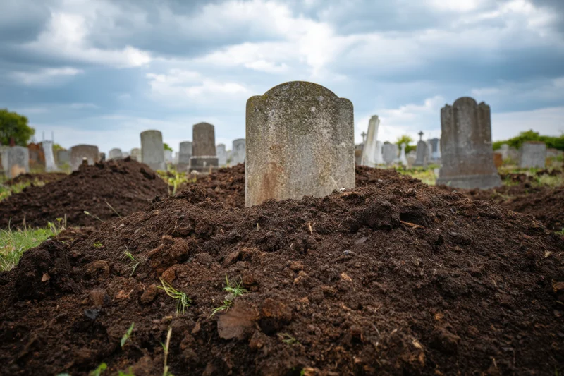 Freshly dug grave mound with weathered tombstone in cemetery under cloudy sky