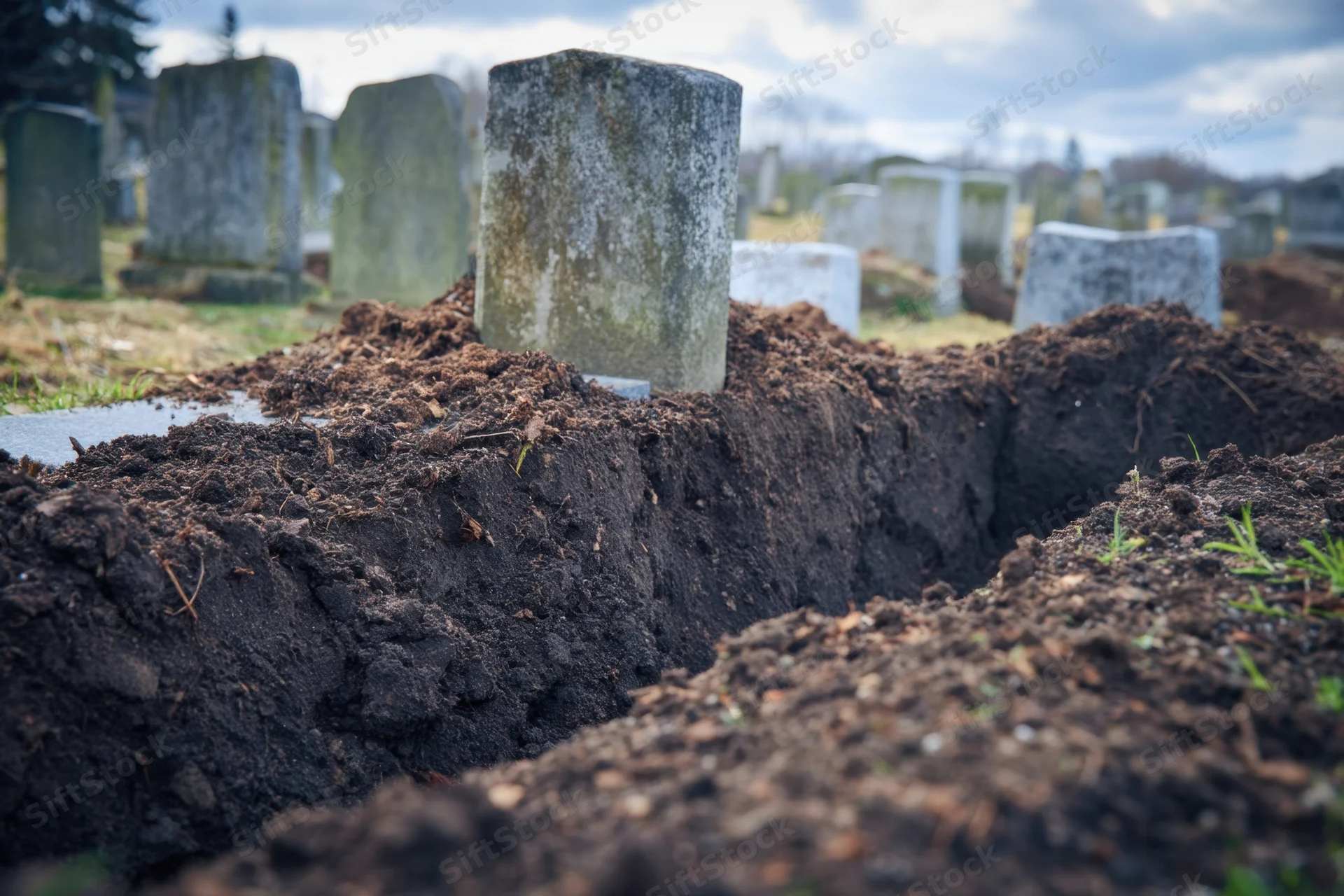 Freshly dug grave in a cemetery with weathered tombstones under an overcast sky