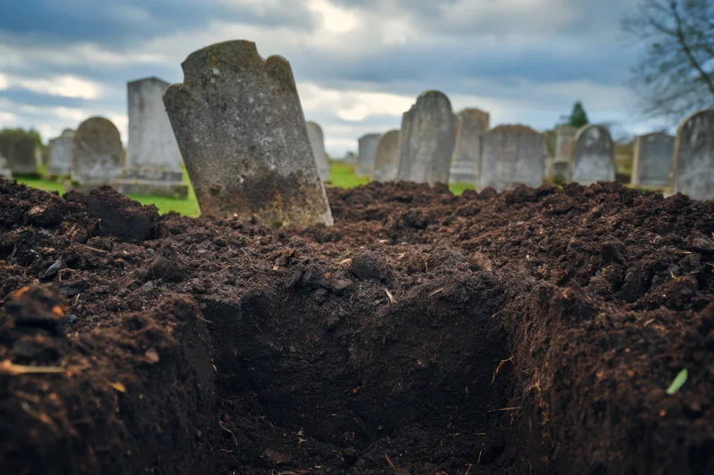 Freshly dug grave in foreground with weathered tombstones in cemetery under cloudy sky