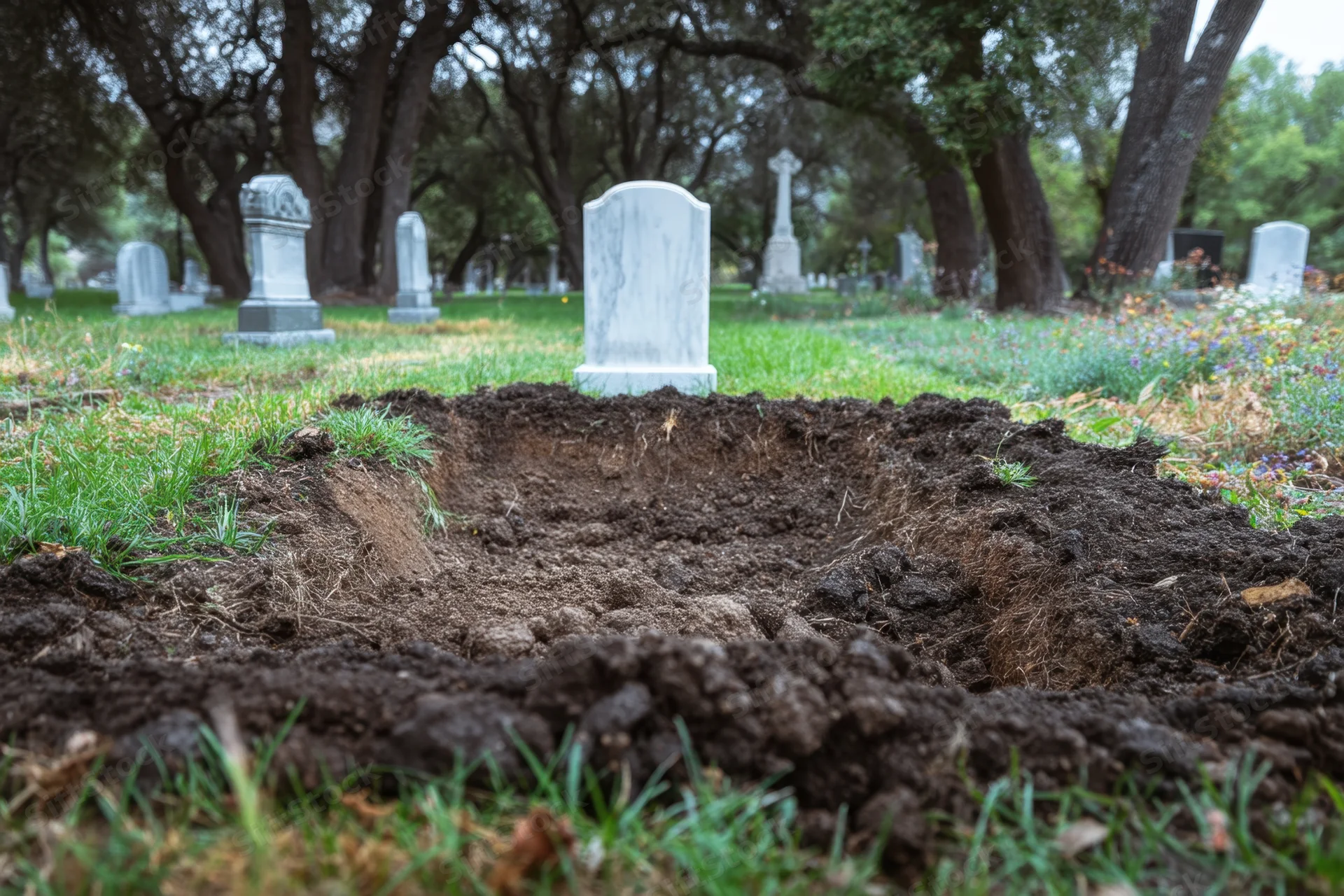 Freshly dug grave surrounded by tombstones in a cemetery with trees and grass