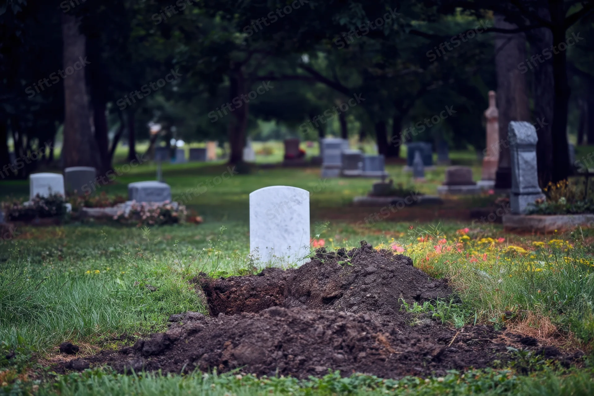 Freshly dug grave mound with white headstone in cemetery surrounded by trees and flowers