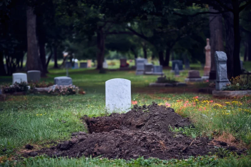Freshly dug grave mound with white headstone in cemetery surrounded by trees and flowers