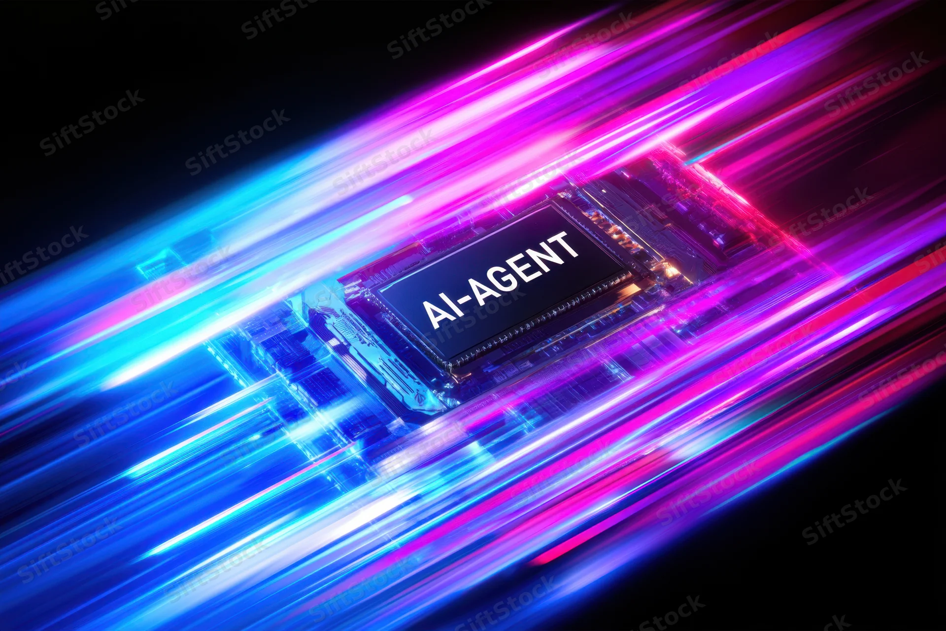 Ai-agent chip embedded in a circuit board with neon light trails moving across it