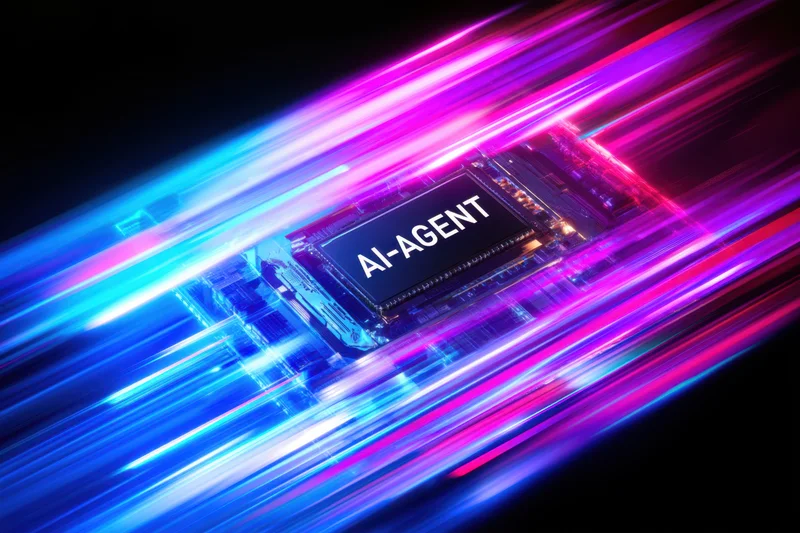 Ai-agent chip embedded in a circuit board with neon light trails moving across it