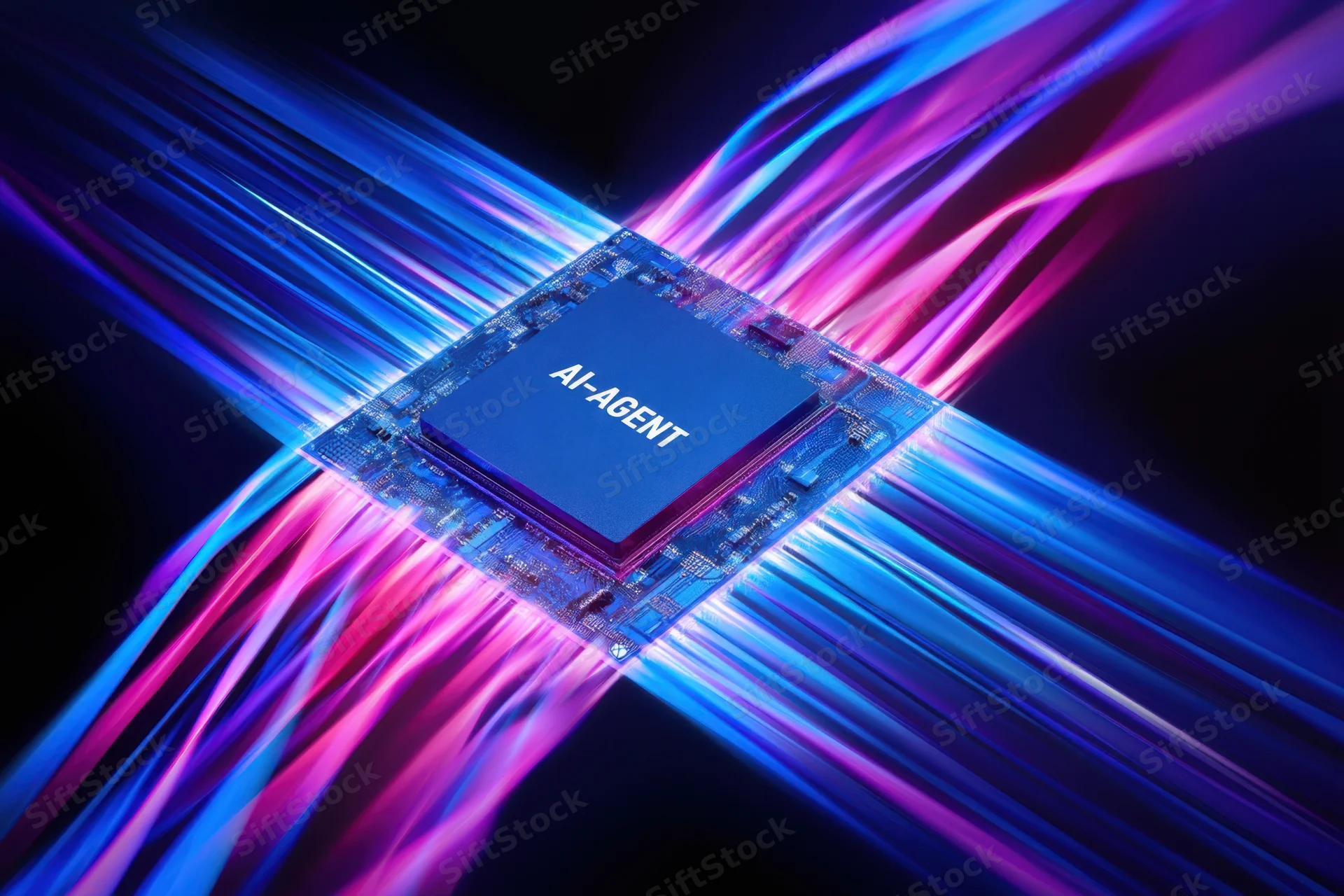 Ai agent chip with glowing blue and purple light streams radiating from its edges
