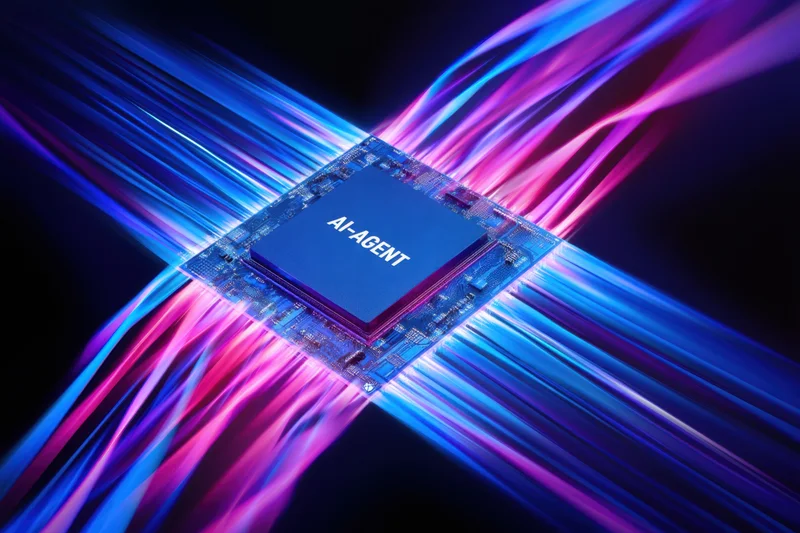 Ai agent chip with glowing blue and purple light streams radiating from its edges