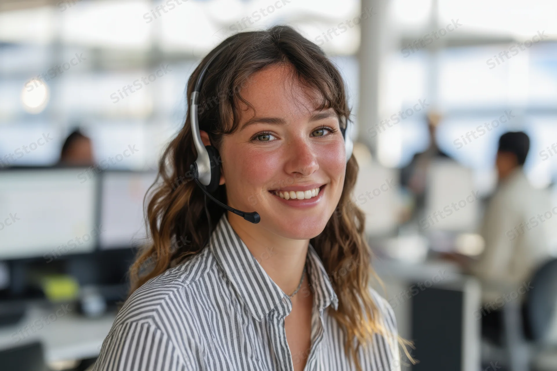 Smiling female call center agent wearing headset in office environment