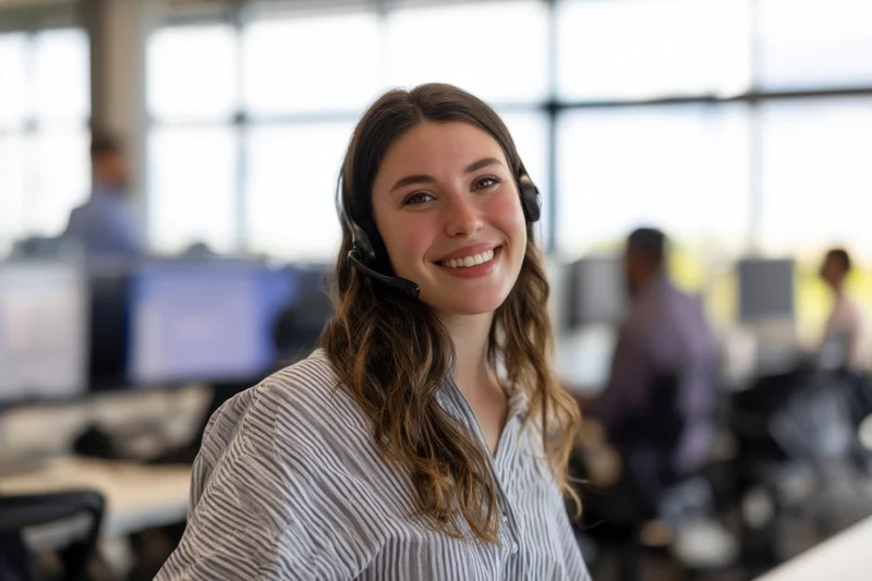 Smiling female call center agent wearing headset in modern office workspace