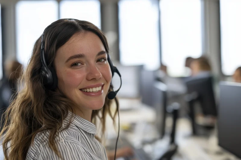 Smiling woman wearing headset in office call center environment