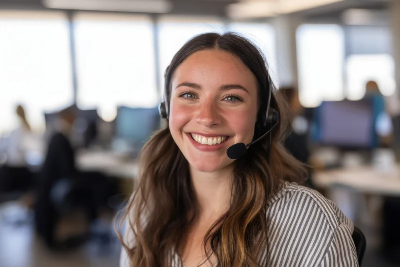 Smiling female call center agent wearing headset in office environment