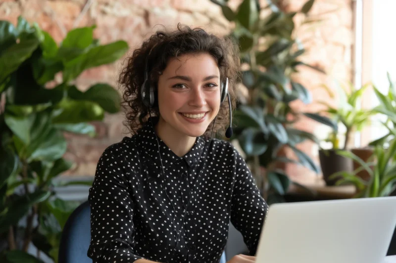 Young woman smiling while wearing headset and working on laptop in office with plants and brick wall background